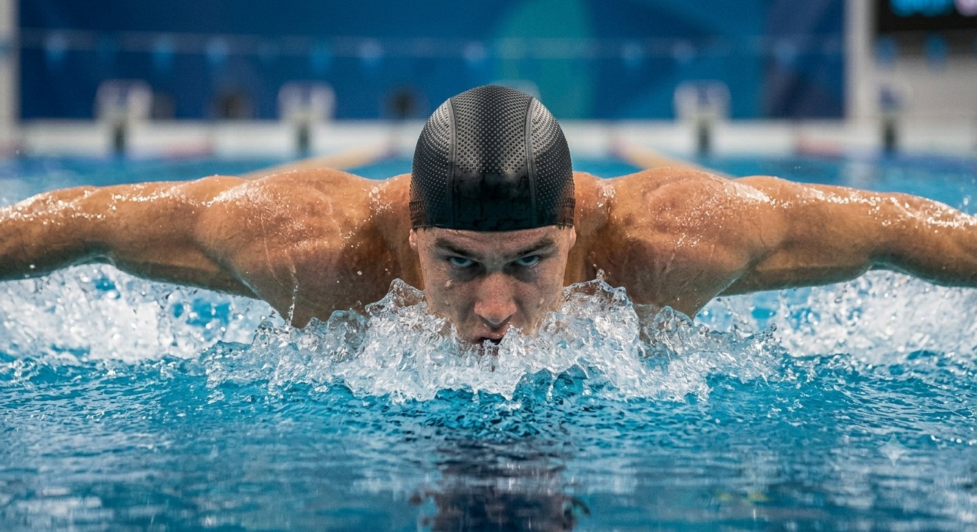 Swimmer mid-butterfly stroke, head up gasping for breath, arms extended over the water