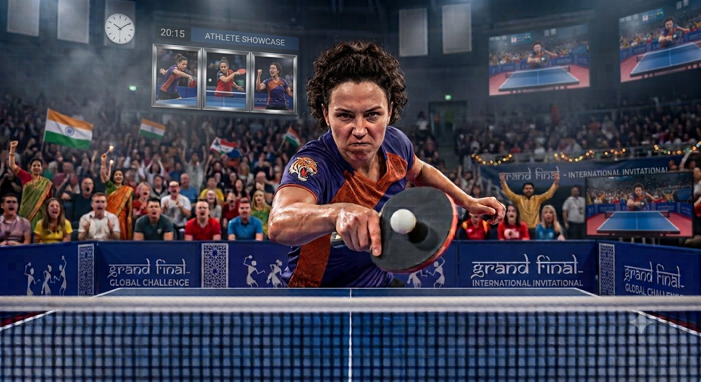 Table tennis player mid-smash returning a shot at a tournament grand final
